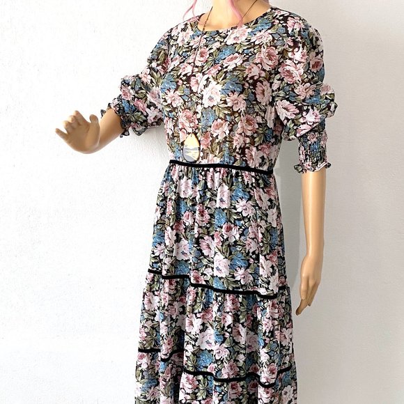 Floral Midi Dress w Long Sleeves Ruffled Dress Romantic Bohemian Flower Print XS - Picture 6 of 10